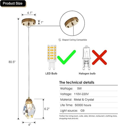 Diamond Crystal Pendant Light, 2 Pack Mini Ceiling Hanging Light in Gold Brushed Brass Finish Prism Crystal Color Changing Led Hanging Light for Kitchen Island Bathroom Bedroom Bar