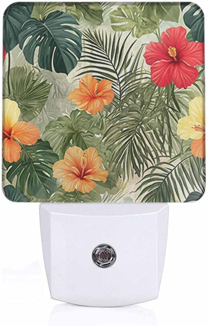 Hibiscus Night Light Exotic Palm Leaf Flowers 0.5W Night Lights Auto LED Lamp Energy Saving Square Lights for Room Bedroom Bathroom