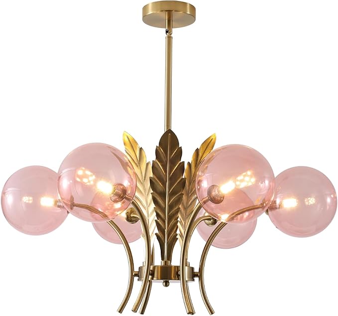 BOKT Modern Sputnik Chandeliers 6-Lights Island Pendant Lighting Fixture Mid Century Ball Chandelier with Pink Globe Lampshade Gold Sphere Ceiling Light for Dining Room Living Room Girls Room