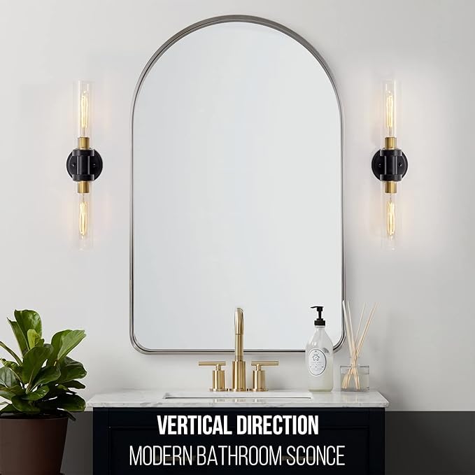Bathroom Sconces Wall Lighting W/ Clear Glass, 2-Light Bathroom Vanity Light Fixtures, Modern Wall Lights for Mirror Living Room Hallway, Black and Gold Brushed Brass, E26 T10 Bulbs(Excluded)
