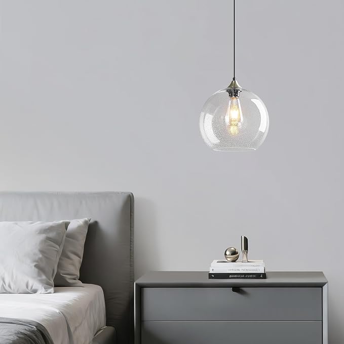 Mikeru Glass Globe Pendant Light Single, 5.9 Inch Clear Bubble Glass Hanging Lamp, Mid Century Modern Pendant Lighting for Kitchen Island Dining Room Bedroom (Bulb Not Included)