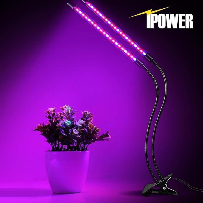 iPower LED Grow Lights for Indoor Plants, Full Spectrum Plant Growing Lamp with Red Blue LEDs, 11-Level Dimmable, Auto On Off with 3/9/12H Timer, 2 Tubes