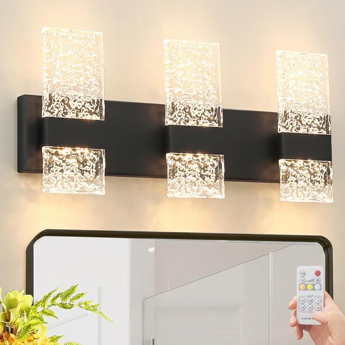 Modern Matte Black 3 Lights Bathroom Vanity Light, Eleglant Black LED Bathroom Light Fixtures over Mirror, Dimmable Acrylic Shade Wall Lighting Fixtures, Hardwired Wall Light(H9.25in, L21.26in)