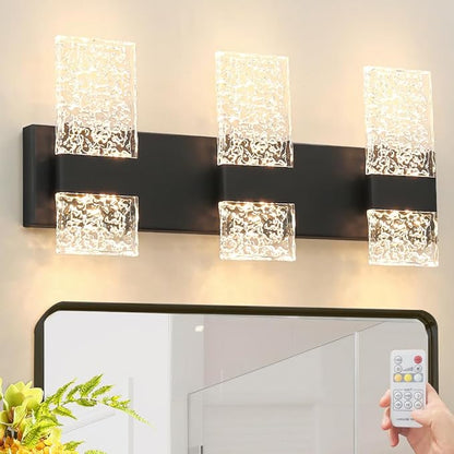Modern Matte Black 3 Lights Bathroom Vanity Light, Eleglant Black LED Bathroom Light Fixtures over Mirror, Dimmable Acrylic Shade Wall Lighting Fixtures, Hardwired Wall Light(H9.25in, L21.26in)