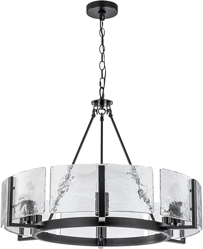 Black Glass Chandelier for Dining Room, 27.6" Large Modern Dining Room Light Fixture Farmhouse Glass Drum Chandelier for High Ceiling,Foyer,Living Room,Entryway