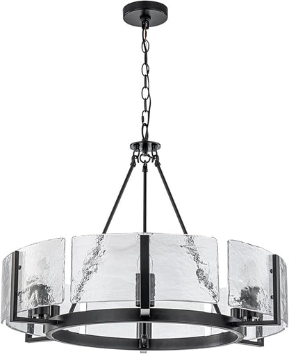 Black Glass Chandelier for Dining Room, 27.6" Large Modern Dining Room Light Fixture Farmhouse Glass Drum Chandelier for High Ceiling,Foyer,Living Room,Entryway