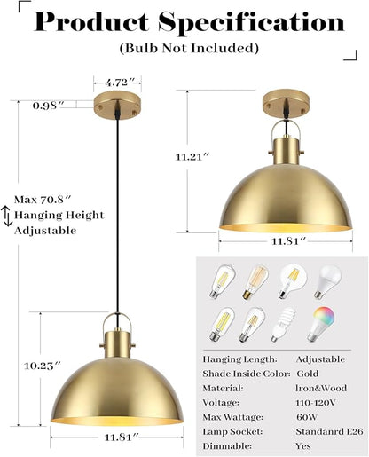Gold Pendant Light 2 Pack, 11.8 Inch Pendant Lights Kitchen Island, Dome Pendant Lights, Farmhouse Pendant Light for Kitchen Island, Dining Room, Living Room