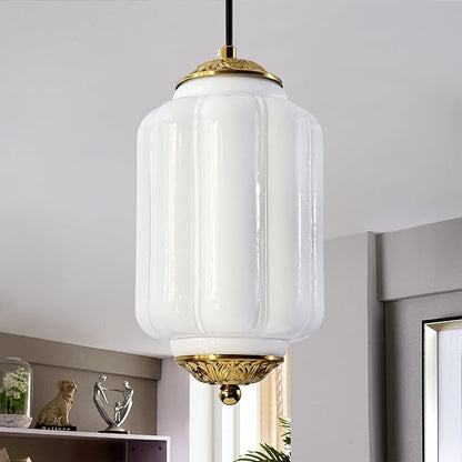 Milk Glass Pendant Light, 5.5 Inch White Adjustable Cord Hanging Lamp, Dimmable E26 Base Vintage Pendant Light Fixture for Bedroom Bathroom Entryway