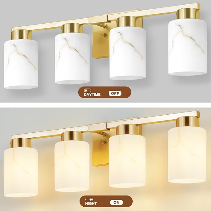 4-Light Bathroom Light Fixtures, Modern Vanity Lights, Gold Metal Wall Lamp with White Marble Glass for Bathroom, Mirror, Living Room, Bedroom, Cabinet, Porch, Hallway, E26 Base