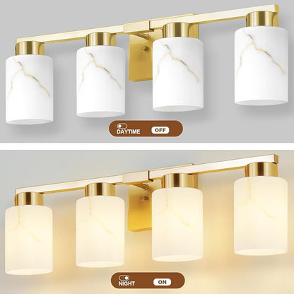 4-Light Bathroom Light Fixtures, Modern Vanity Lights, Gold Metal Wall Lamp with White Marble Glass for Bathroom, Mirror, Living Room, Bedroom, Cabinet, Porch, Hallway, E26 Base