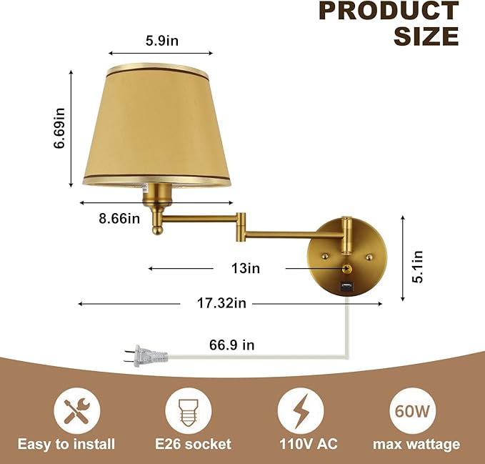 Plug-in Wall Sconce Swing Arm 1-Light Wall Mount Lamp with USB Charging Port Wall Sconce Lighting with Dimmable On Off Switch Gold Fabric Shade Brass Wall Lamp Light Fixture