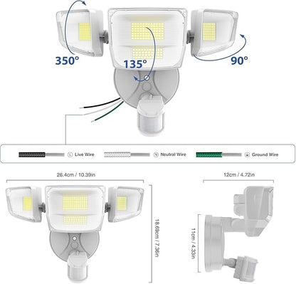 Onforu 90W 10000LM LED Motion Sensor Outdoor Lights, 4-Head Dusk to Dawn Outdoor Lighting, 2 Pack Hardwired Flood Lights, IP66 Waterproof 6500K Security Floodlight for Outside (White)