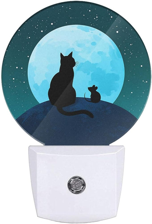 EKOBLA Black Cat Plug-in Night Light, Cat & Mouse on Moon Galaxy LED Nightlight with Dusk to Dawn Sensor for Kids Bedroom & Bathroom