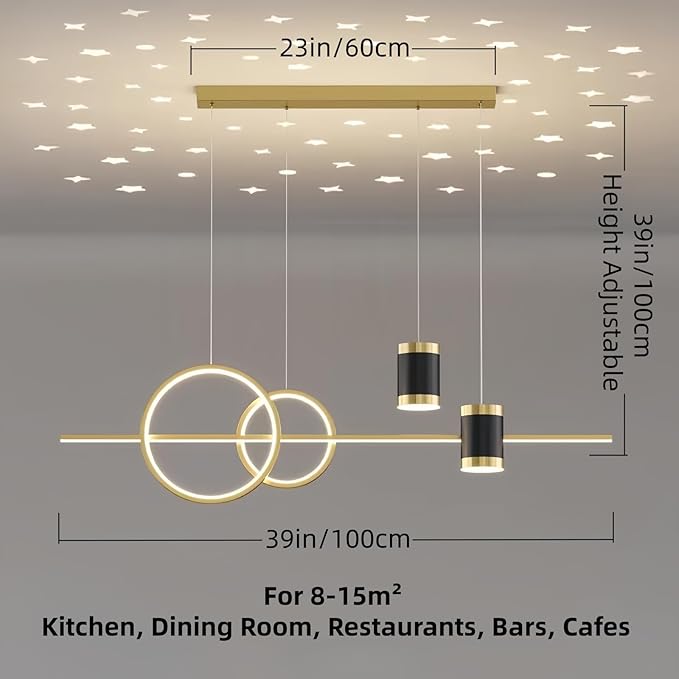 SMG Modern LED Pendant Light for Kitchen Island, 39" Gold Linear Dining Room Chandelier Over Table, with Remote Control 3000K-6000K Dimming, Office Desk Hanging Lighting Fixture