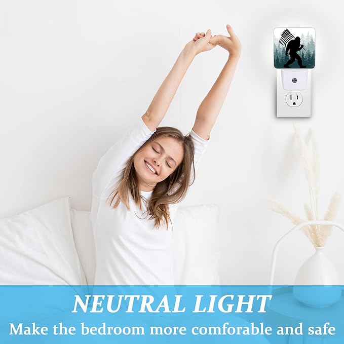 Bigfoot American Flag Night Light, Plug-into Wall Green Misty Forest Nightlight Lamp with Dusk to Dawn Sensor, Led Lamp 0.5W Energy Efficient for Boys Girls Adults Home Decor