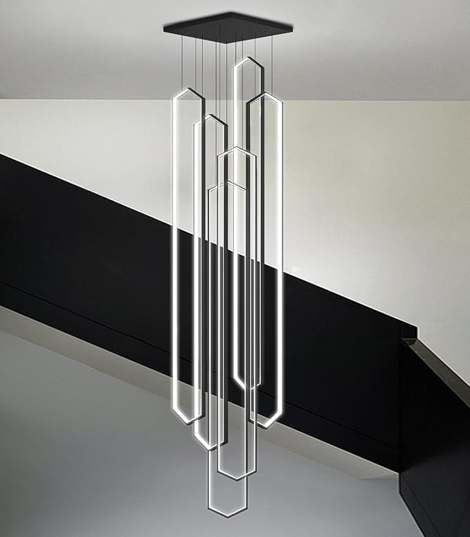 6 Rings Large Chandelier for Staircase Modern High Ceiling Chandelier LED Dimmable Chandeliers for Foyer Staircase Enterway Living Room Villa Black
