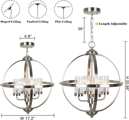 Treekee Chandelier Farmhouse Hanging Lighting, 4-Light Globe Orb Chandelier, Adjustable Modern Farmhouse Pendant Light Fixture for Dining Entryway Foyer, Brushed Nickel Finish