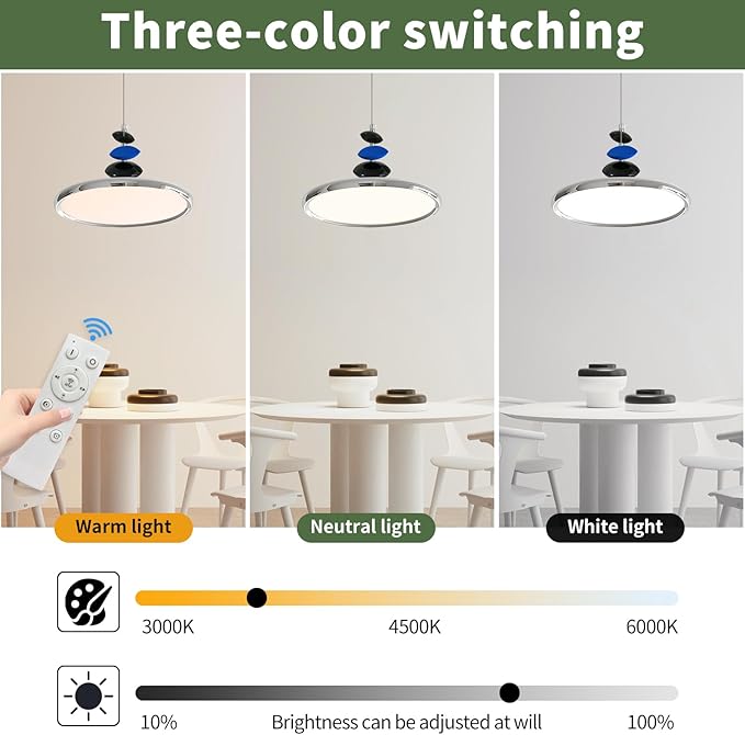 Mikeru Modern Pendant Lights, 15.8" Chrome Pendant Lighting Fixture with Remote Control Dimmable 3 Color Mode & Brightness Mid Century Island Light for Dining Room, Kitchen, Living Room