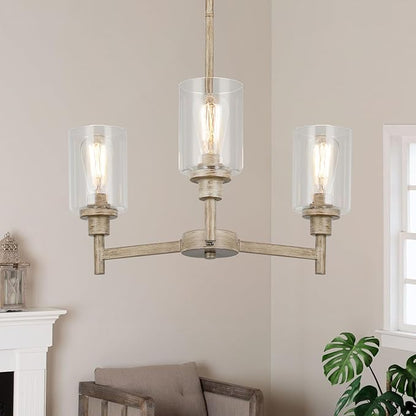 3 Light Farmhouse Chandelier | Rustic Chandeliers for Dining Room Light Fixtures | Fake Wood Hanging Lighting with Clear Glass Cover for Kitchen Island | Entryway | Bathroom | Corridor | Hallway