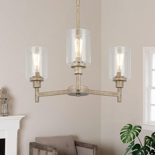 3 Light Farmhouse Chandelier | Rustic Chandeliers for Dining Room Light Fixtures | Fake Wood Hanging Lighting with Clear Glass Cover for Kitchen Island | Entryway | Bathroom | Corridor | Hallway