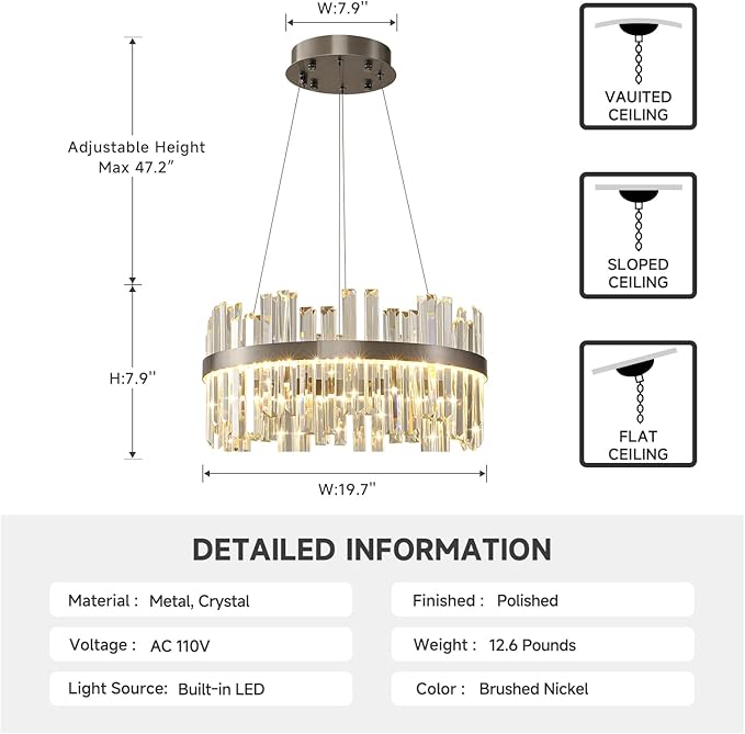 Nickel Led Modern Crystal Chandelier: 19.7" Round Contemporary 3 Color Dimmable Dining Room Light Fixture over Table - Adjustable Lighting Chandelier for Bedroom Living Kitchen Island Entryway Foyer