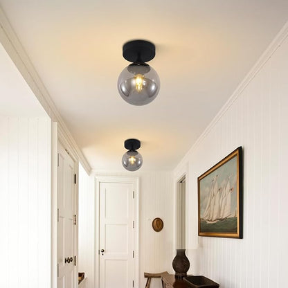 KCO Lighting Mid Century Modern Black Semi Flush Mount Ceiling Light Smoke Grey Globe Glass Ceiling Light Industrial Hallway Close to Ceiling Lights for Porch Bedroom Living Room