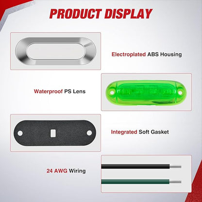 Nilight 10PCS Green Oval Side Marker Lights 4 LED 3.7 Inch Clearance Lamp IP68 Waterproof DC 12-24V with Chrome Bezel Universal for Car Auto Truck Bus Trailer Boat Deck