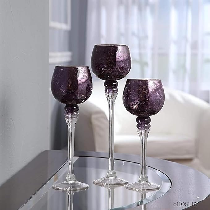 Hosley Set of 3 Crackle Purple Glass Tealight Holders 12 Inch, 10 Inch, 9 Inch Heights for Captivating Candlelight Ambiance Radiant Elegance