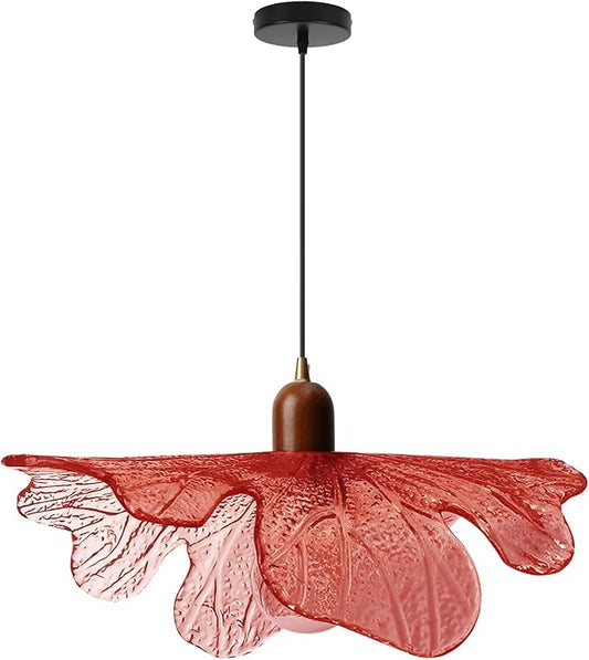 Red Leaf Glass Pendant Light Fixture, Modern Flower Hanging Ceiling Lamp with Wood Accent, Mid Century Floral Pendant Lighting for Kitchen Island Dining Room Living Room Bedroom