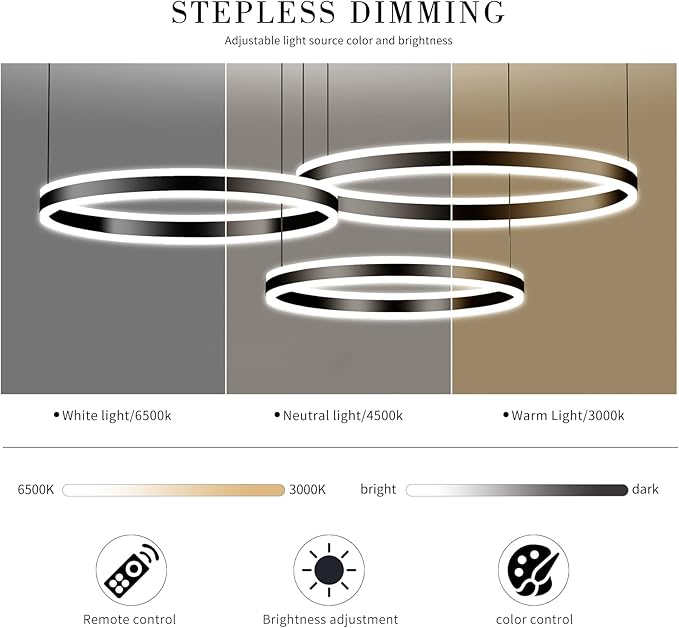 Mikeru Modern 3 Ring Chandelier Light, LED Pendant Light Fixtures with Remote Control 3000k-6500K Adjustable Color Temperature Light for Living Room, Bedroom, Kitchen（15.7+23.6+31.5IN）