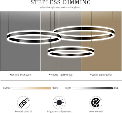 Mikeru Modern 3 Ring Chandelier Light, LED Pendant Light Fixtures with Remote Control 3000k-6500K Adjustable Color Temperature Light for Living Room, Bedroom, Kitchen（15.7+23.6+31.5IN）