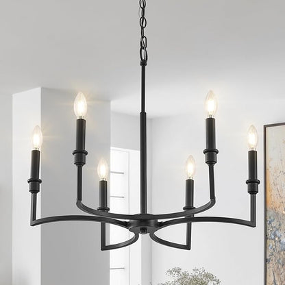 Black Chandelier Light Fixture 6-Light Chandelier for Dining Room Kitchen Chandeliers Over Table Candle Chandeliers for Kitchen Island, Bedroom, Foyer, 26in