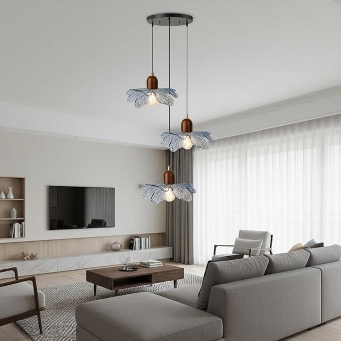 Modern Minimalist Blue Flower Glass Cluster Chandelier, Wood Accent Adjustable 3-Light Pendant Light for Kitchen Island, Apartment Living Room, Entryway, Breakfast Nook