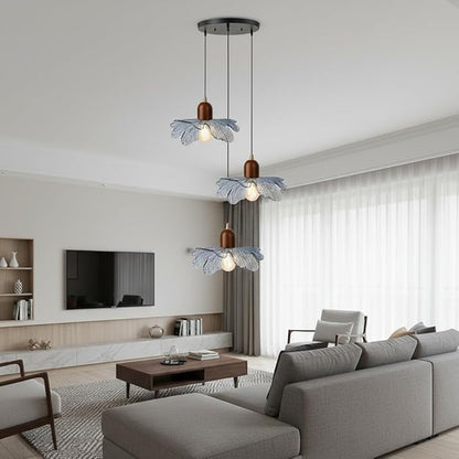 Modern Minimalist Blue Flower Glass Cluster Chandelier, Wood Accent Adjustable 3-Light Pendant Light for Kitchen Island, Apartment Living Room, Entryway, Breakfast Nook