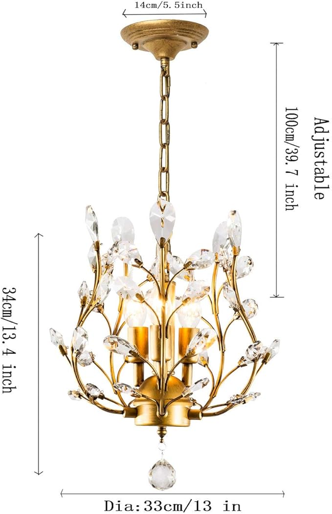 Garwarm 3-Light Crystal Chandeliers,Ceiling Lights,Crystal Pendant Lighting,Ceiling Light Fixtures for Living Room Dining Room Bedroom Restaurant Porch(Gold)