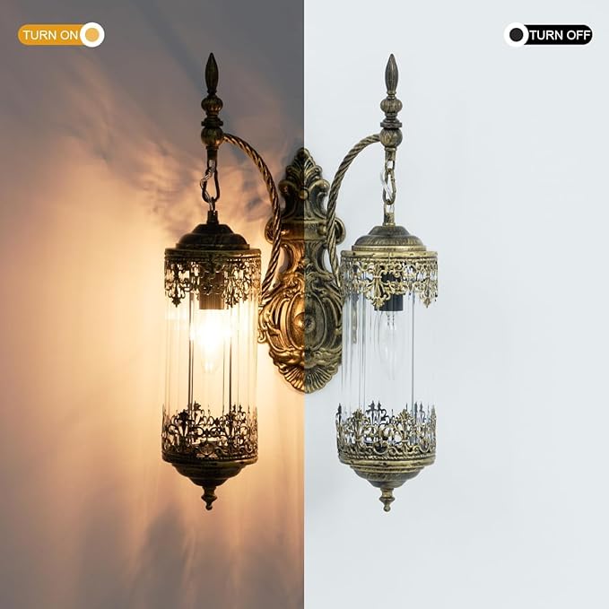 Rustic Glass Wall Sconce Vintage Antique Gothic Wall Light Fixture Retro Farmhouse Mid Centry Lantern Wall Sconce for Bedroom, Living Room, Mirror, Brush Gold