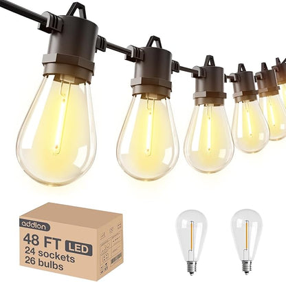 addlon 48FT(2FT Space) LED Outdoor String Lights with 24 Edison Shatterproof Bulbs, Heavy-Duty and Weatherproof Strand, Commercial Grade Patio Lights, Decorative for Garden or Patio, Black
