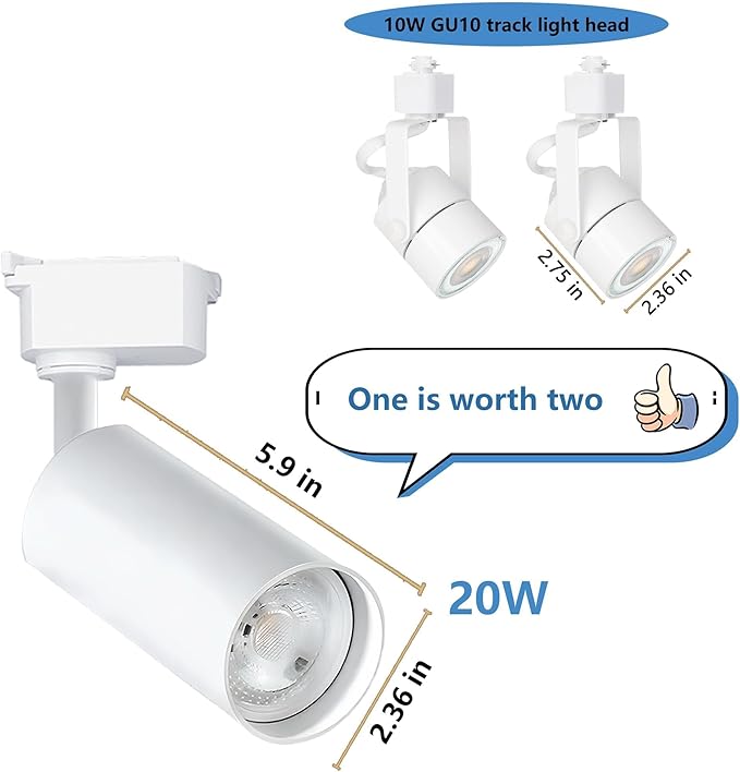 Brightened White H Type Track Lighting Heads (No Track Rails), 6PCS 6000K Cool White 20W 2400lm for Accent Lighting, Dimmable LED Track Lighting Ceiling Spotlight Fixture