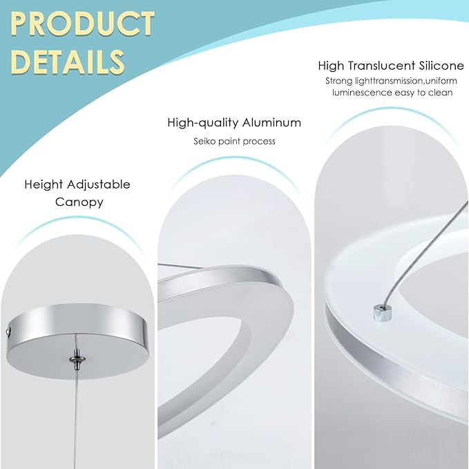 CHYING LED Pendant Lights Kitchen Island, 11.8" 15W Cool White Modern Ring Chandelier, Adjustable Height Silver Hanging Pendant Ceiling Light for Dining Room Bedroom Hallway Entryway, 6500K