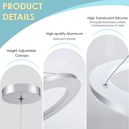 CHYING LED Pendant Lights Kitchen Island, 11.8" 15W Cool White Modern Ring Chandelier, Adjustable Height Silver Hanging Pendant Ceiling Light for Dining Room Bedroom Hallway Entryway, 6500K