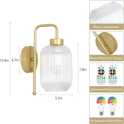 LAMSU Vintage Battery Operated Wall Sconces Set of 2, Wireless Wall Lights with Remote and Color Temperature Bulb, Gold Cordless Rechargeable Wall Lamps with Clear Glass Shade for Bedroom Living Room
