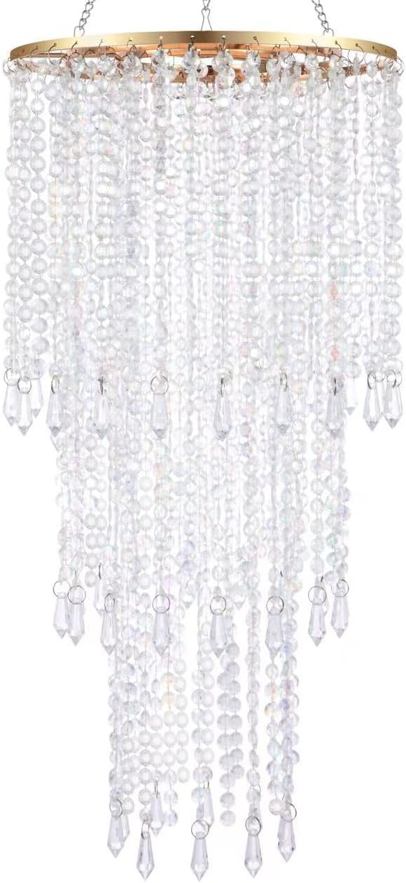 Modern Chrome Beaded Hanging Chandelier (W10.25 x H20”)，3 Tiers Beads Pendant Shade Gold Frame, Ceiling Chandelier Beaded Lampshade with Acrylic Jewel Droplets (H20Gold)