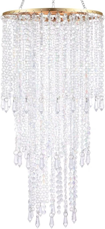 Modern Chrome Beaded Hanging Chandelier (W10.25 x H20”)，3 Tiers Beads Pendant Shade Gold Frame, Ceiling Chandelier Beaded Lampshade with Acrylic Jewel Droplets (H20Gold)