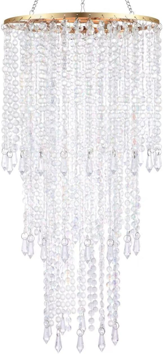 Modern Chrome Beaded Hanging Chandelier (W10.25 x H20”)，3 Tiers Beads Pendant Shade Gold Frame, Ceiling Chandelier Beaded Lampshade with Acrylic Jewel Droplets (H20Gold)