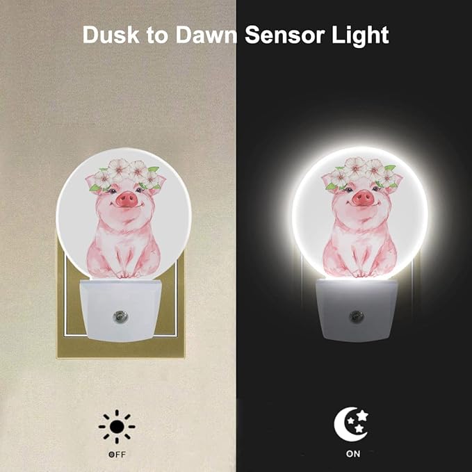 EKOBLA Pig Plug-in Night Light, Cute Pink Piggy & Floral Wreath LED Nightlight with Sensor, 0.5W Sleep Friendly for Gifts