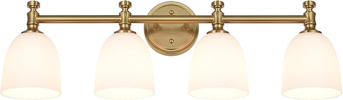 Gold Bathroom Vanity Light, 4-Light Bathroom Light Fixtures Over Mirror, Traditional Vanity Lights for Living Room, Milk White Bell Glass Shades, Standard E26 Base, Aged Brass