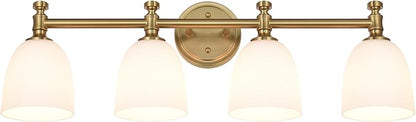 Gold Bathroom Vanity Light, 4-Light Bathroom Light Fixtures Over Mirror, Traditional Vanity Lights for Living Room, Milk White Bell Glass Shades, Standard E26 Base, Aged Brass