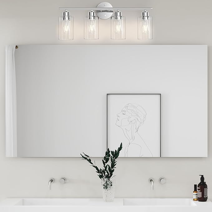 Bathroom Vanity Light Fixtures Polished Chrome,4 Lights Rustic Farmhouse Vanity Bar Lighting Over Mirror Modern Industrial Wall Sconces Lamp with Cylinder Glass Shade
