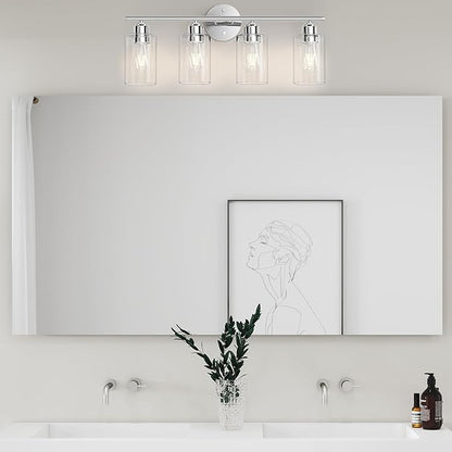 Bathroom Vanity Light Fixtures Polished Chrome,4 Lights Rustic Farmhouse Vanity Bar Lighting Over Mirror Modern Industrial Wall Sconces Lamp with Cylinder Glass Shade