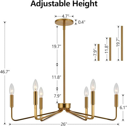 Brushed Gold Chandeliers for Dining Room, 6-Light Modern Farmhouse Chandelier, Brass Candle Style Hanging Light Fixture for Living Room Bedroom Kitchen Island